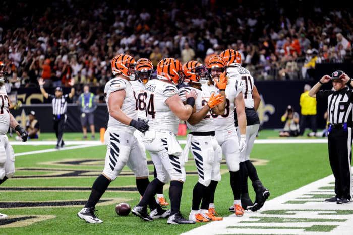 Oct 16, 2022; New Orleans, Louisiana, USA; Cincinnati Bengals running back Joe Mixon (28) celebrates a touchdown against the New Orleans Saints during the first half at Caesars Superdome. Mandatory Credit: Stephen Lew-USA TODAY Sports